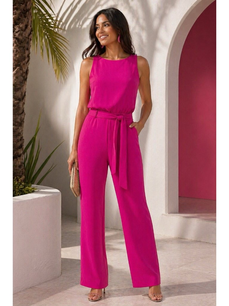 Trina Turk Womens Epoch Jumpsuit Sz 4 Pink Crepe Wide Leg Belted Split Back